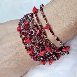 Vintage Hand-made Beaded Glass & Coral Multi-Strand Bracelet Red Brown Bohemian